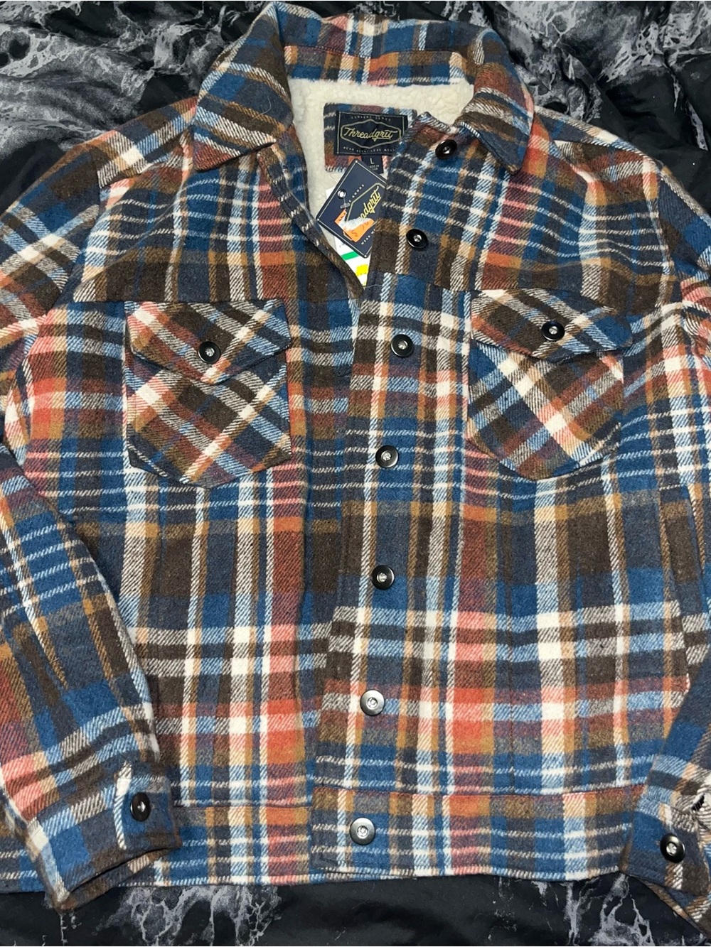 Threadgrit size large Womens Plaid Sherpa-Lined Jacket - Blue/Brown/Orange nwt